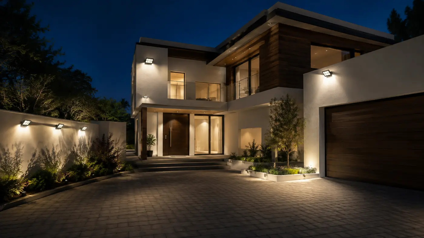 LED floodlight illumination at a modern house