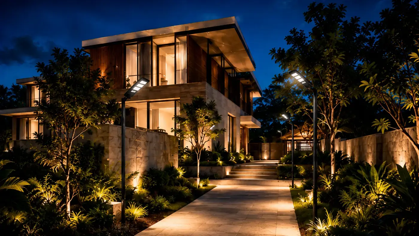 Solar street lighting around a modern residence