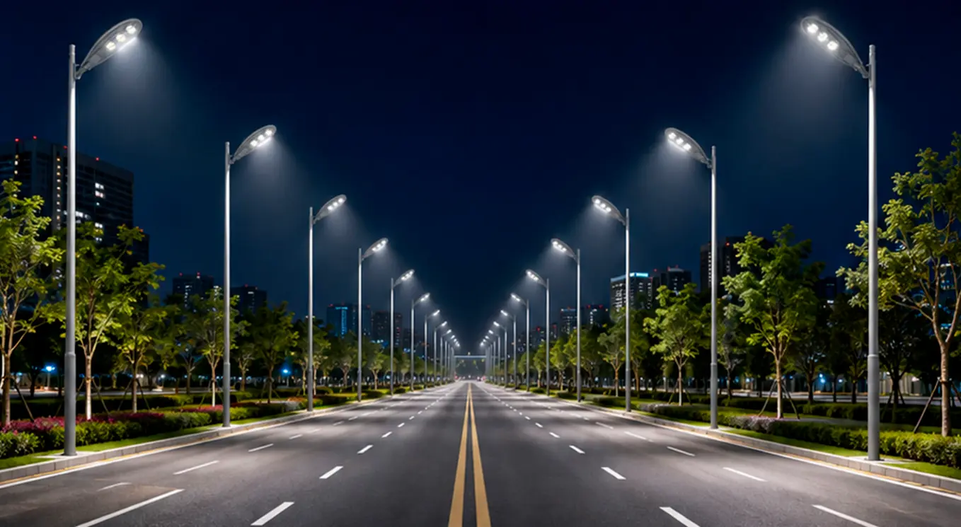 LED street lighting on a city road