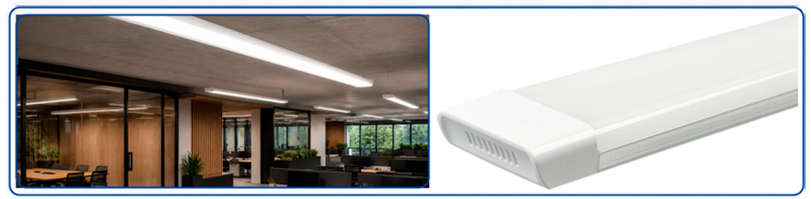 Wide LED linear fixture installed in a modern office