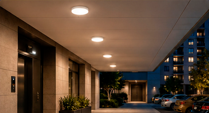 Round bulkhead lighting in a covered corridor