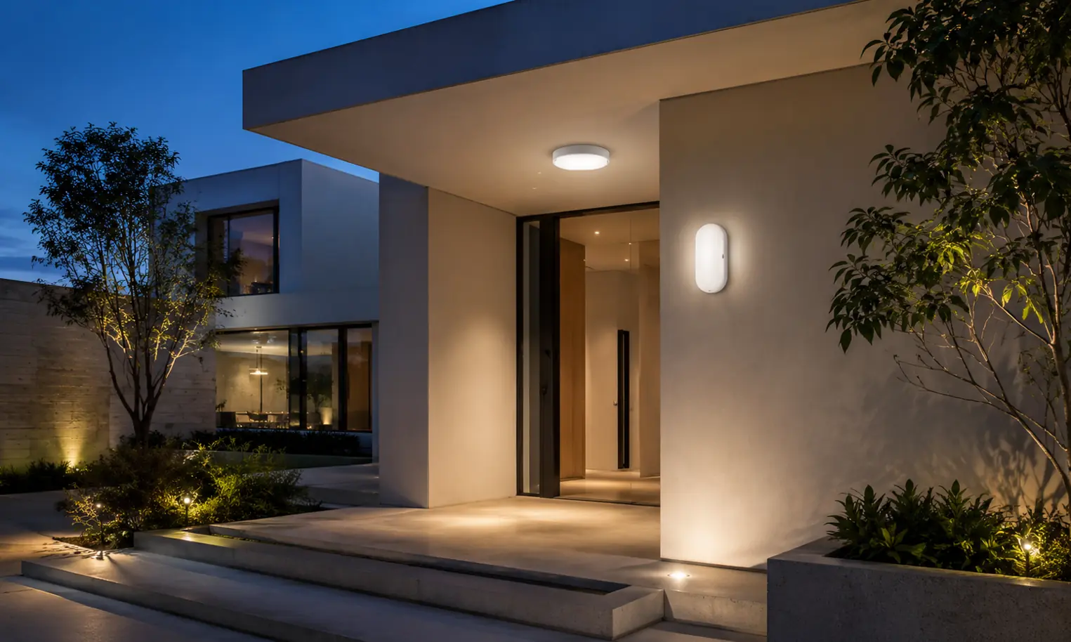Bulkhead lighting on a contemporary house façade