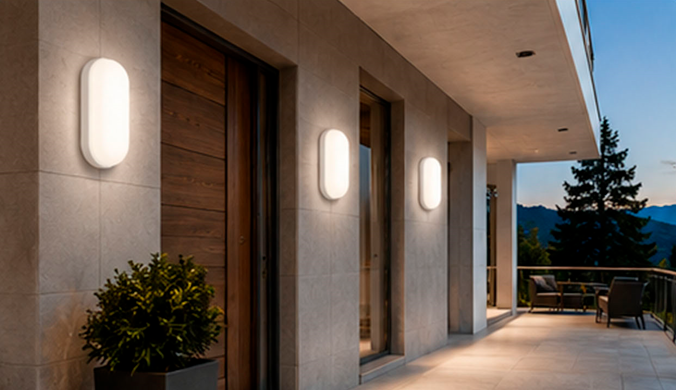 Oval bulkhead lighting along a house walkway