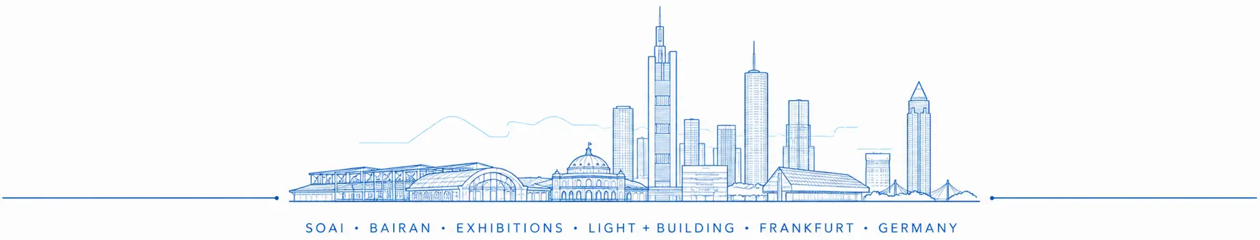 Frankfurt skyline and Light + Building exhibition complex line illustration