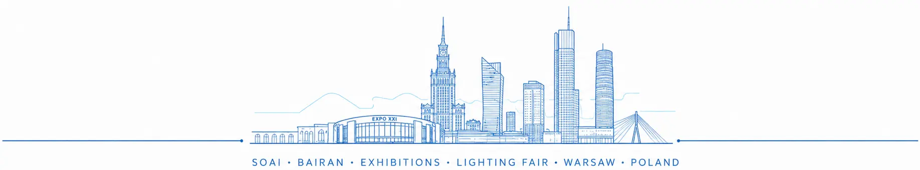 Warsaw skyline and lighting fair exhibition complex line illustration