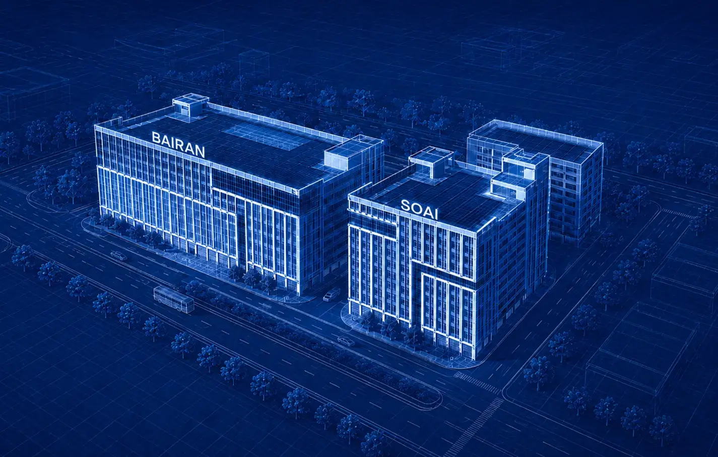 Complete architectural view of all three BAIRAN and SOAI factory buildings