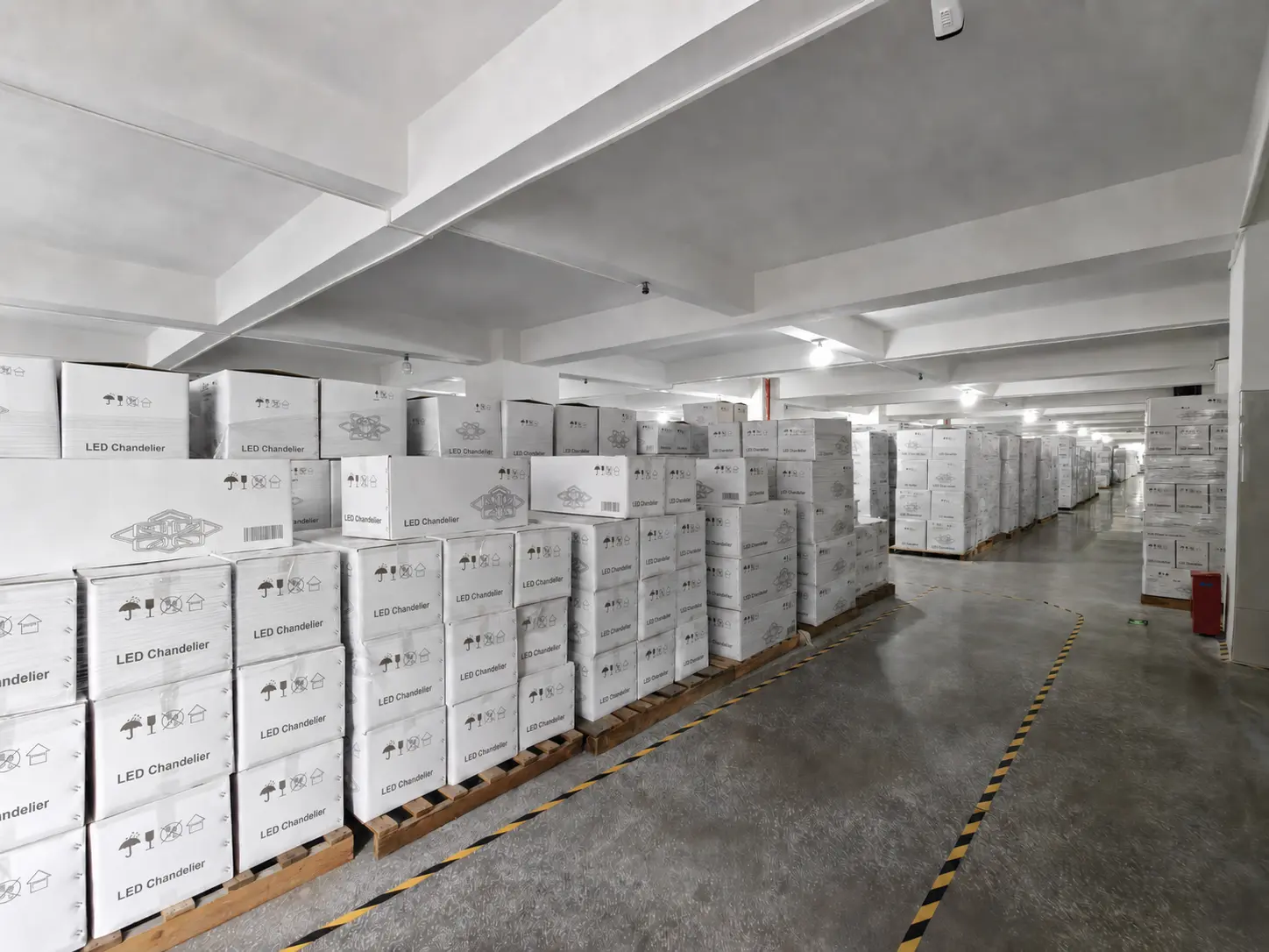 Finished lighting products organised in the warehouse