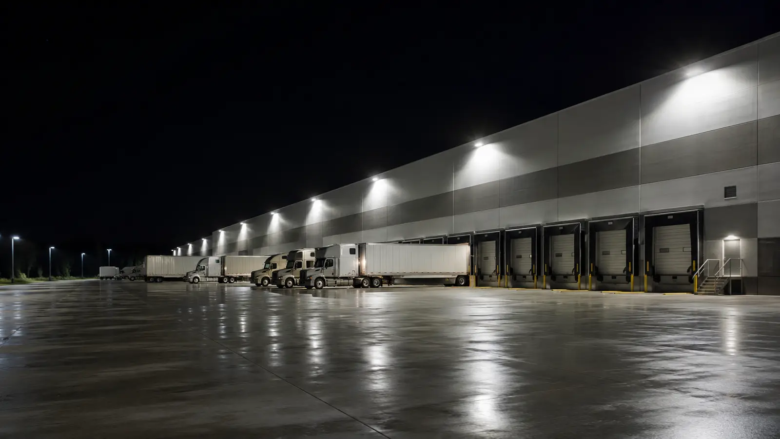 Floodlights in an exterior warehouse loading yard