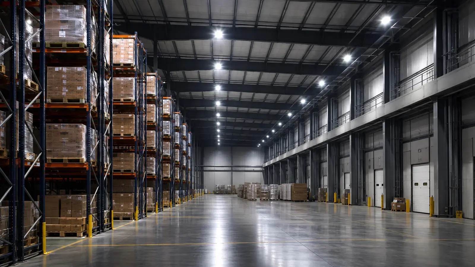 Floodlights in a logistics warehouse interior