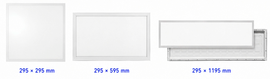 LED panel sizes 295 by 295, 295 by 595 and 295 by 1195 millimetres