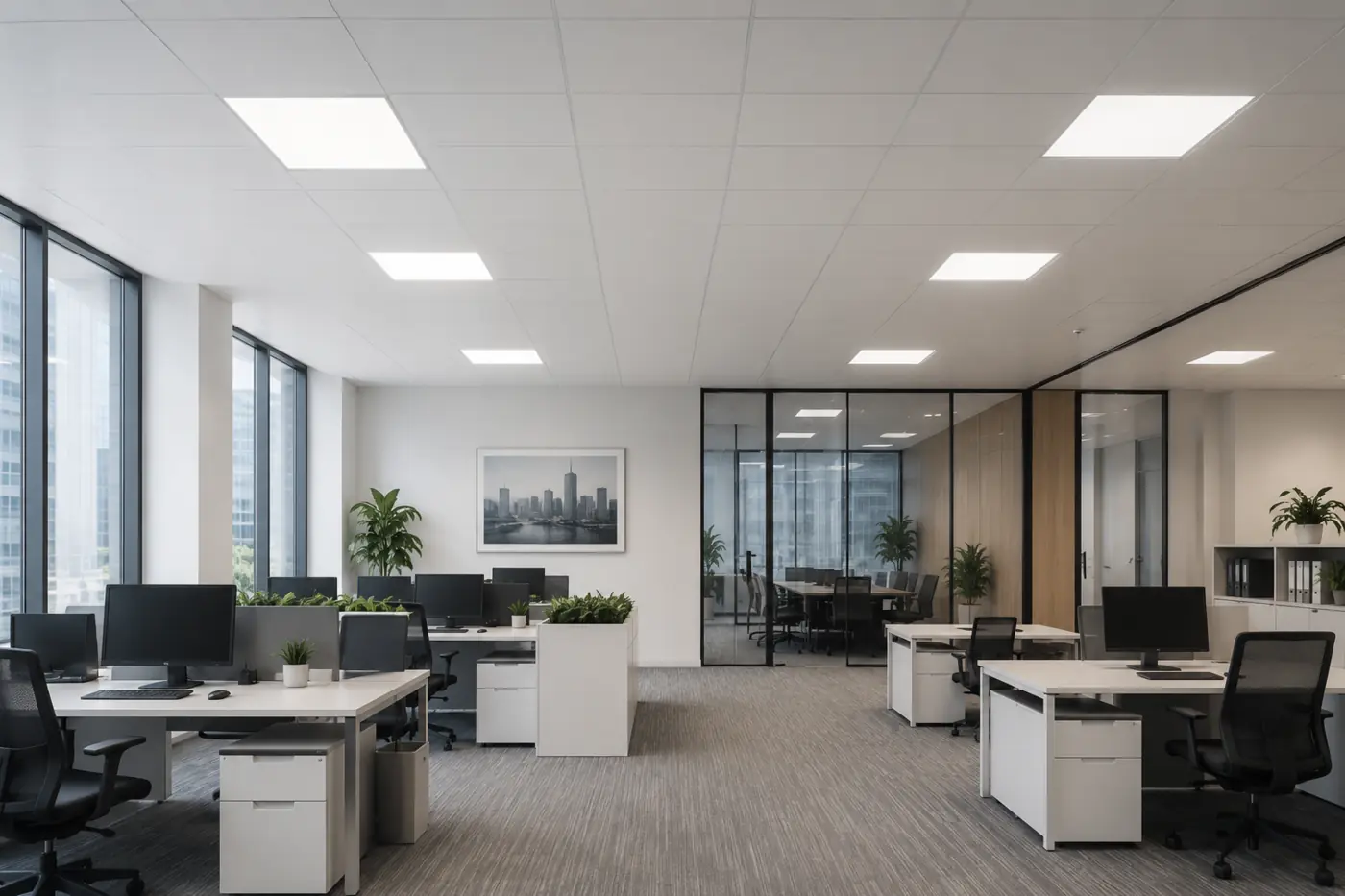 LED panel lighting in a modern office