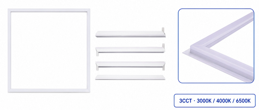 Slim frame LED panel with selectable 3000K, 4000K and 6500K colour temperature