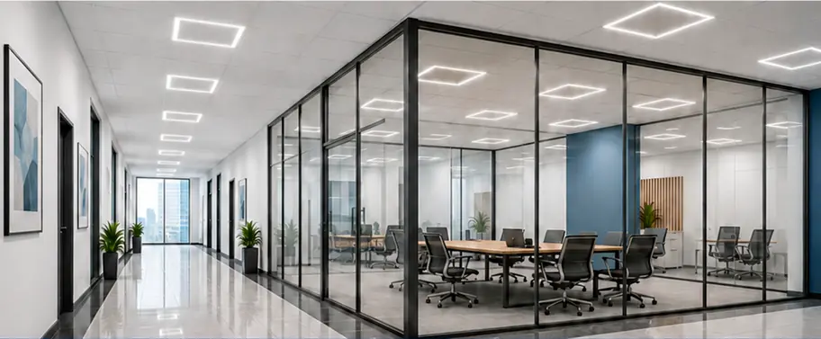 Slim frame LED panels installed in a modern office