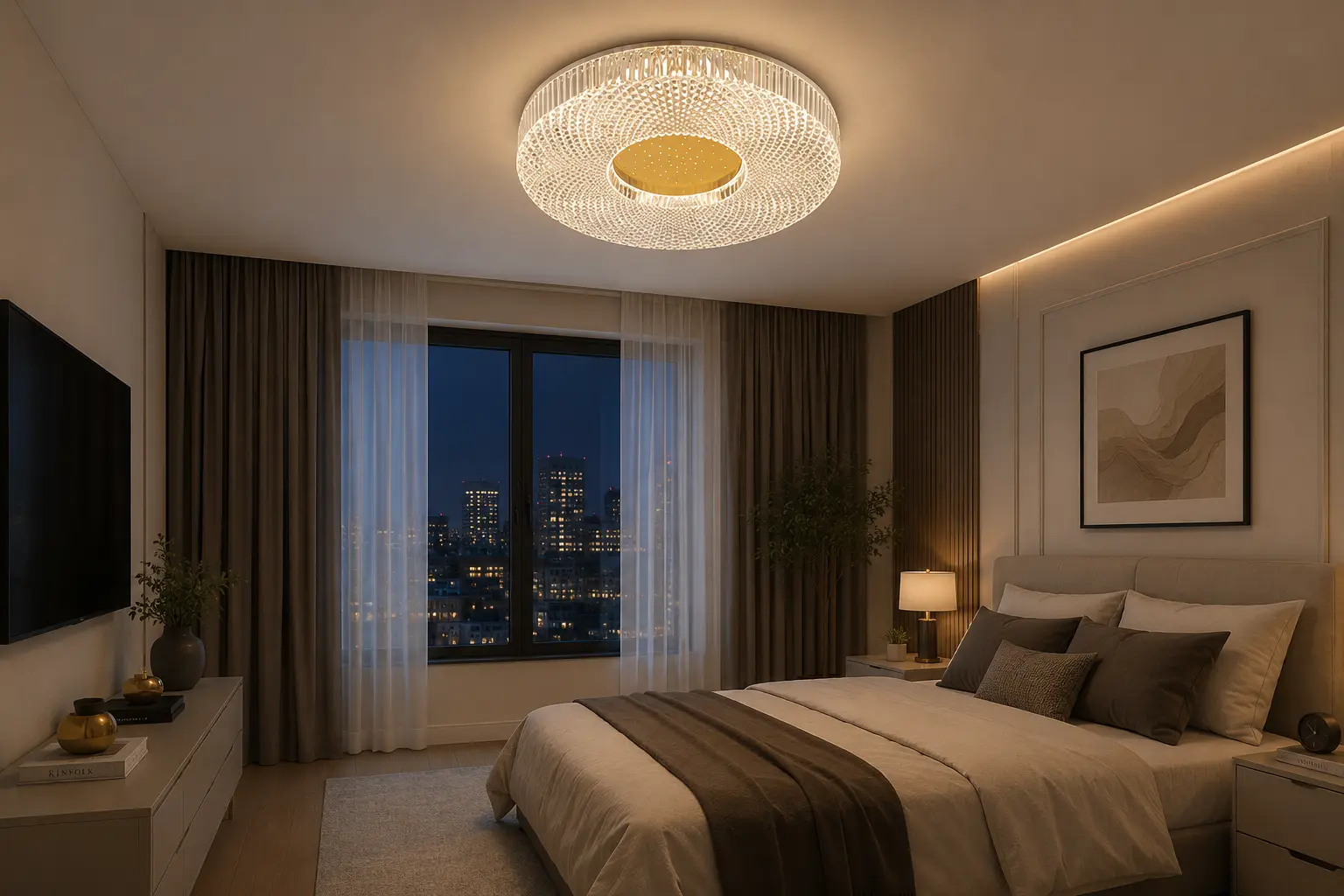 Smart ceiling lamp illuminating a modern room