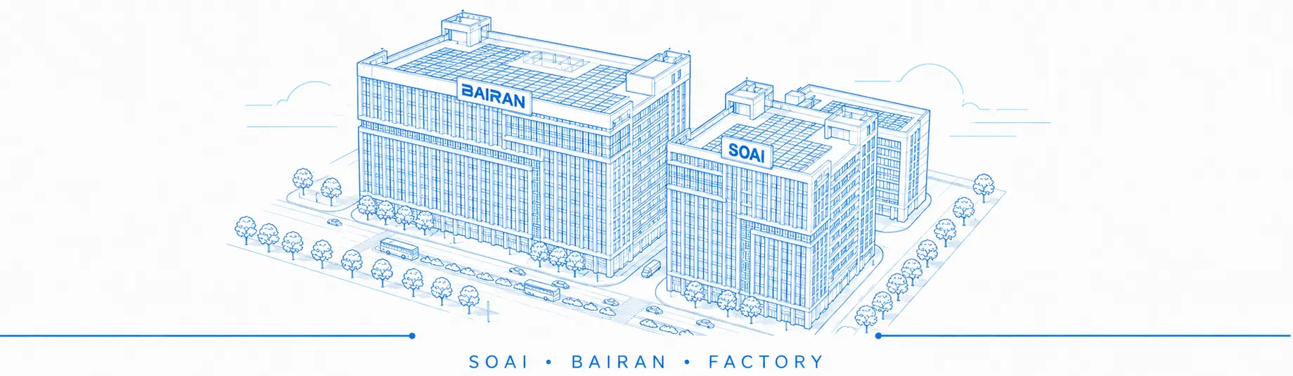Architectural line illustration of the SOAI and BAIRAN lighting factory