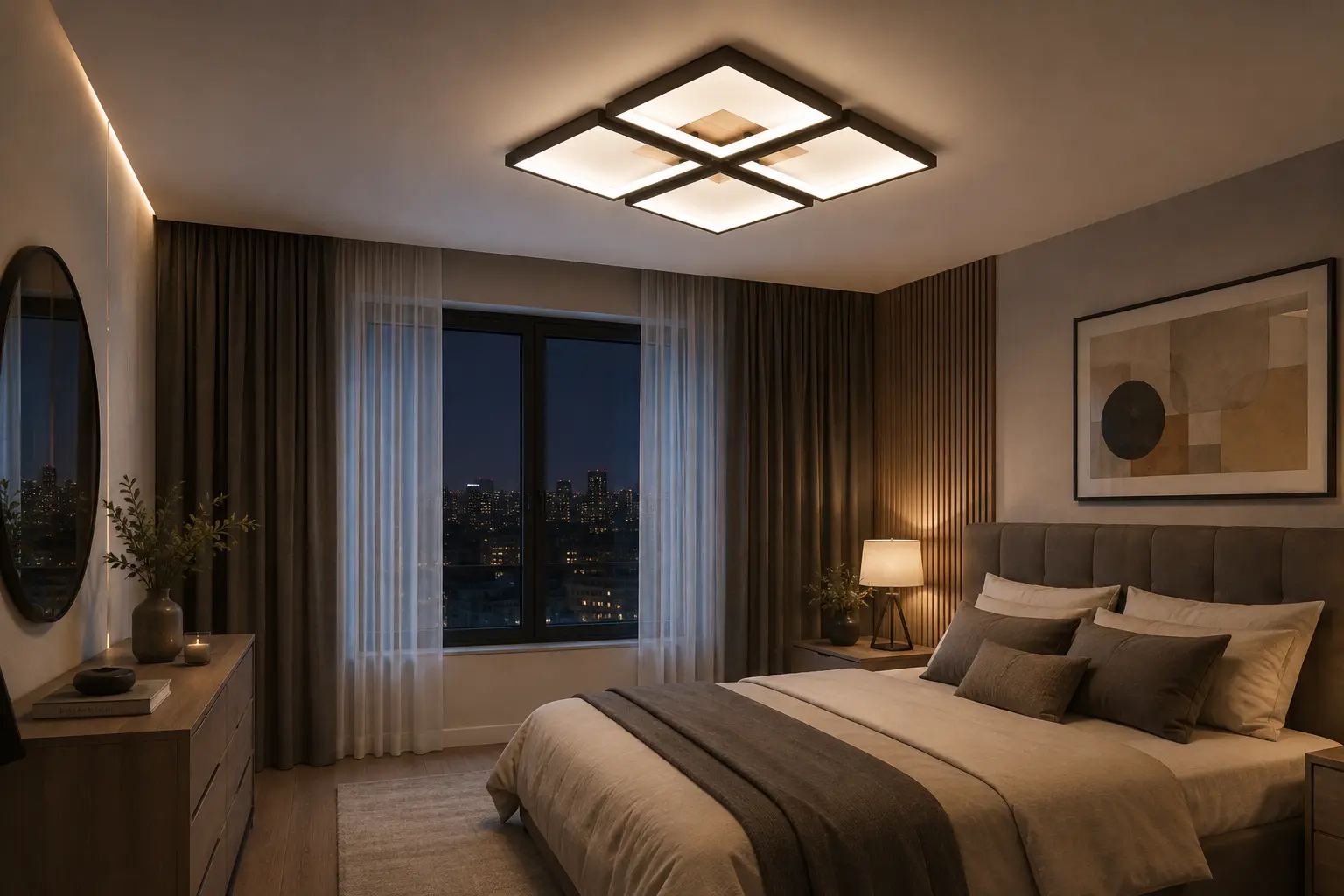 Wooden LED chandelier in a modern interior