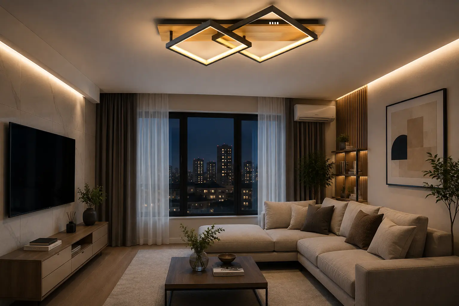 Wooden chandelier lighting a contemporary room